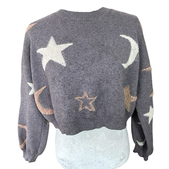 Threaded Leaf Celestial Cropped Sweater Women Large Gray Moon Stars Fairy Grunge - Picture 1 of 13